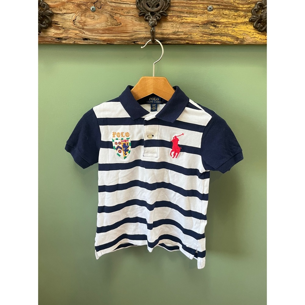 Polo Ralph Lauren Kids Navy White Striped‎ Crest Polo Shirt 4/4T Short Sleeve